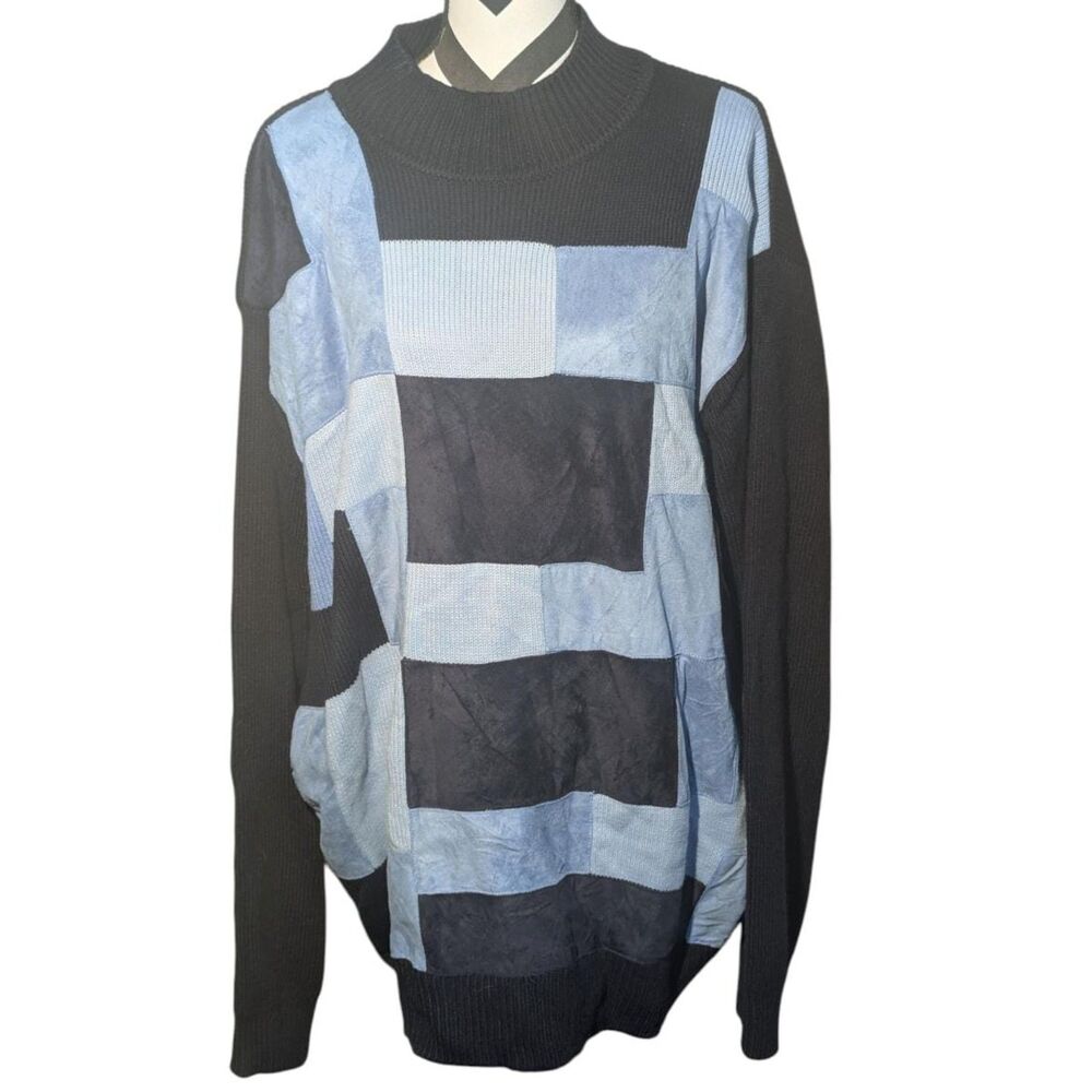 Vintage DISS Mens Blue Black Patchwork Mock Neck Sweater XXL